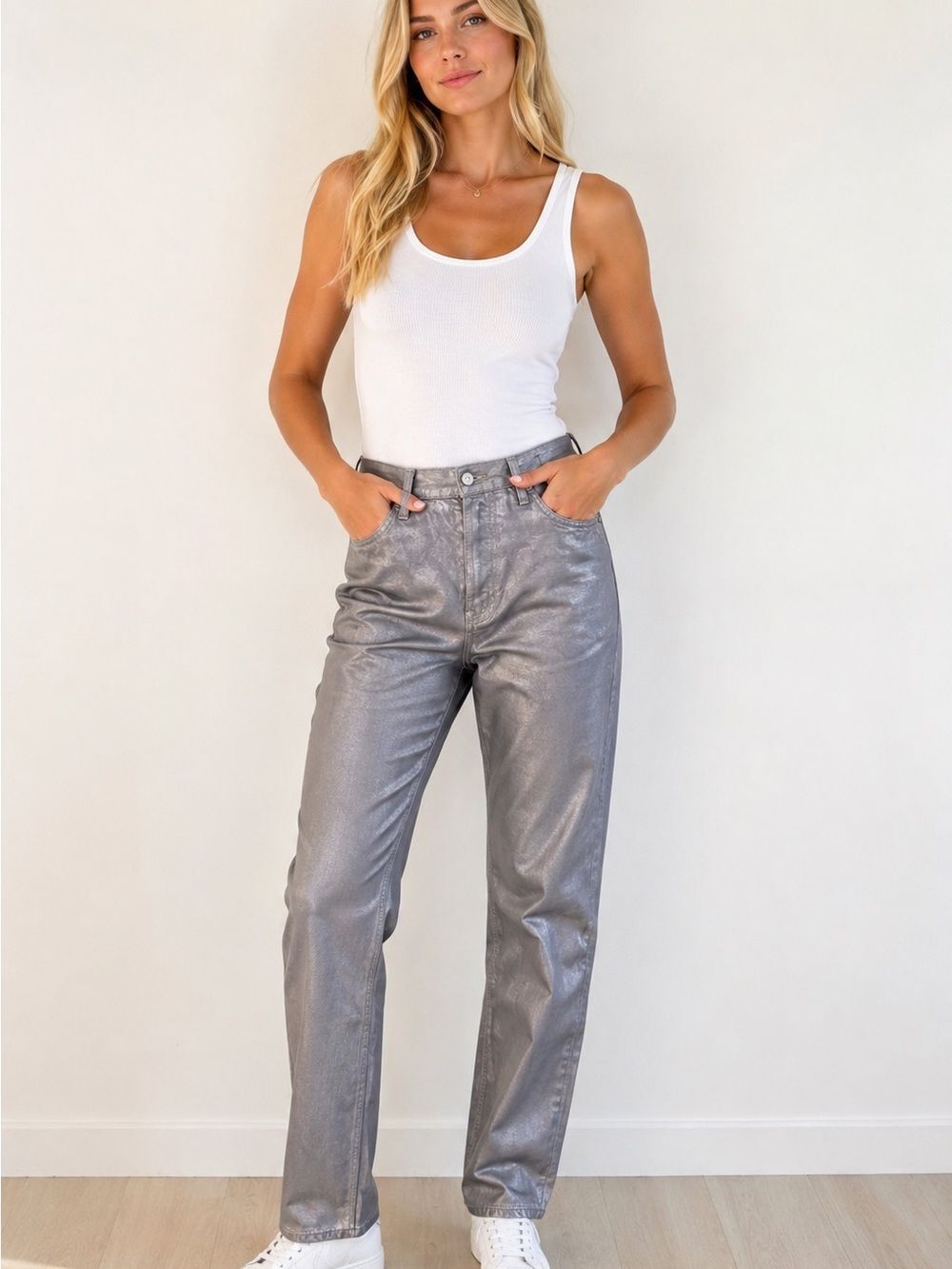Veronica Beard Silver Metallic Straight-Leg Jeans- Daniela style
